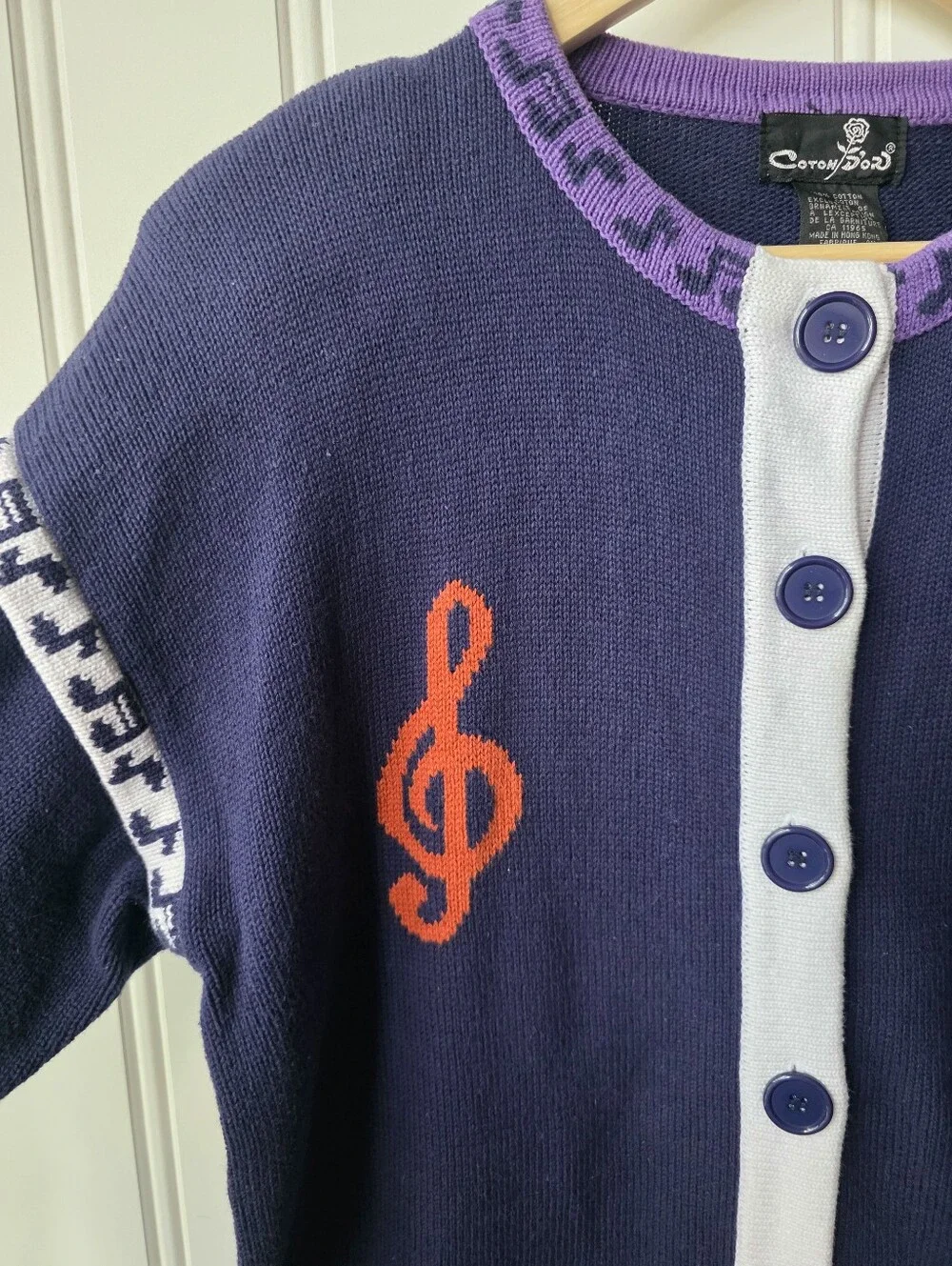 Vintage Coton D'or Musical Note Button Up Cardigan Sweater Purple Womens Medium - Picture 4 of 7